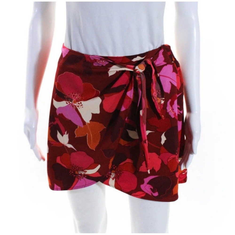 New With Tags DR2 Womens Red Floral Print Tie Wrap Skort Skirt Beachy Size‎ L